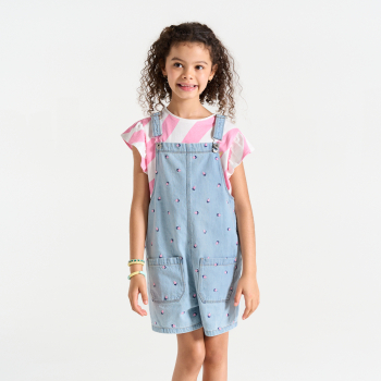 بدلة سالوبيت قصيرة من الجينز، باللون الأزرق الفاتح ومُطرز، للفتيات